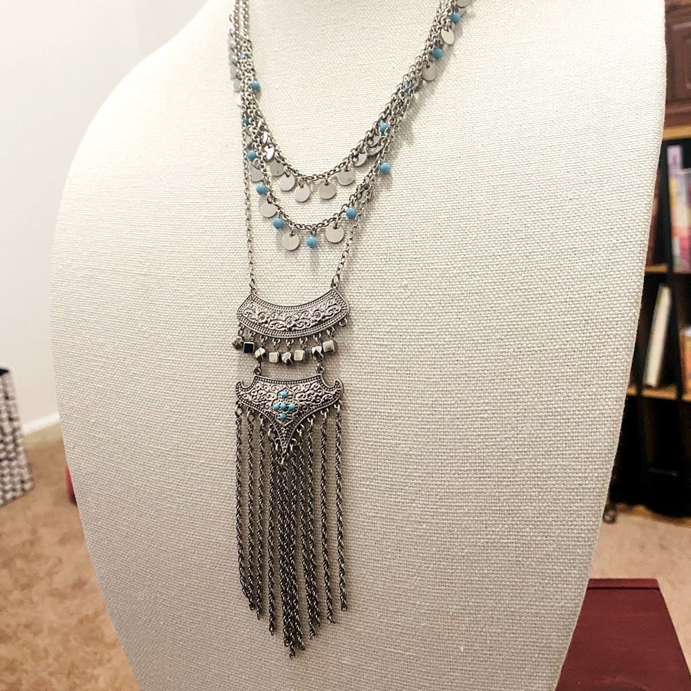 Boho Silver and turquoise long necklace